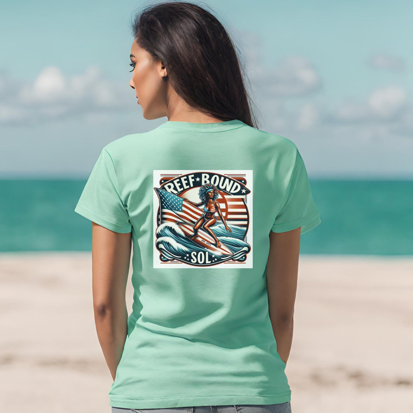 Reef Bound Sol (RBS) Patriotic 225th Lady Liberty Surfer Flag T-Shirt