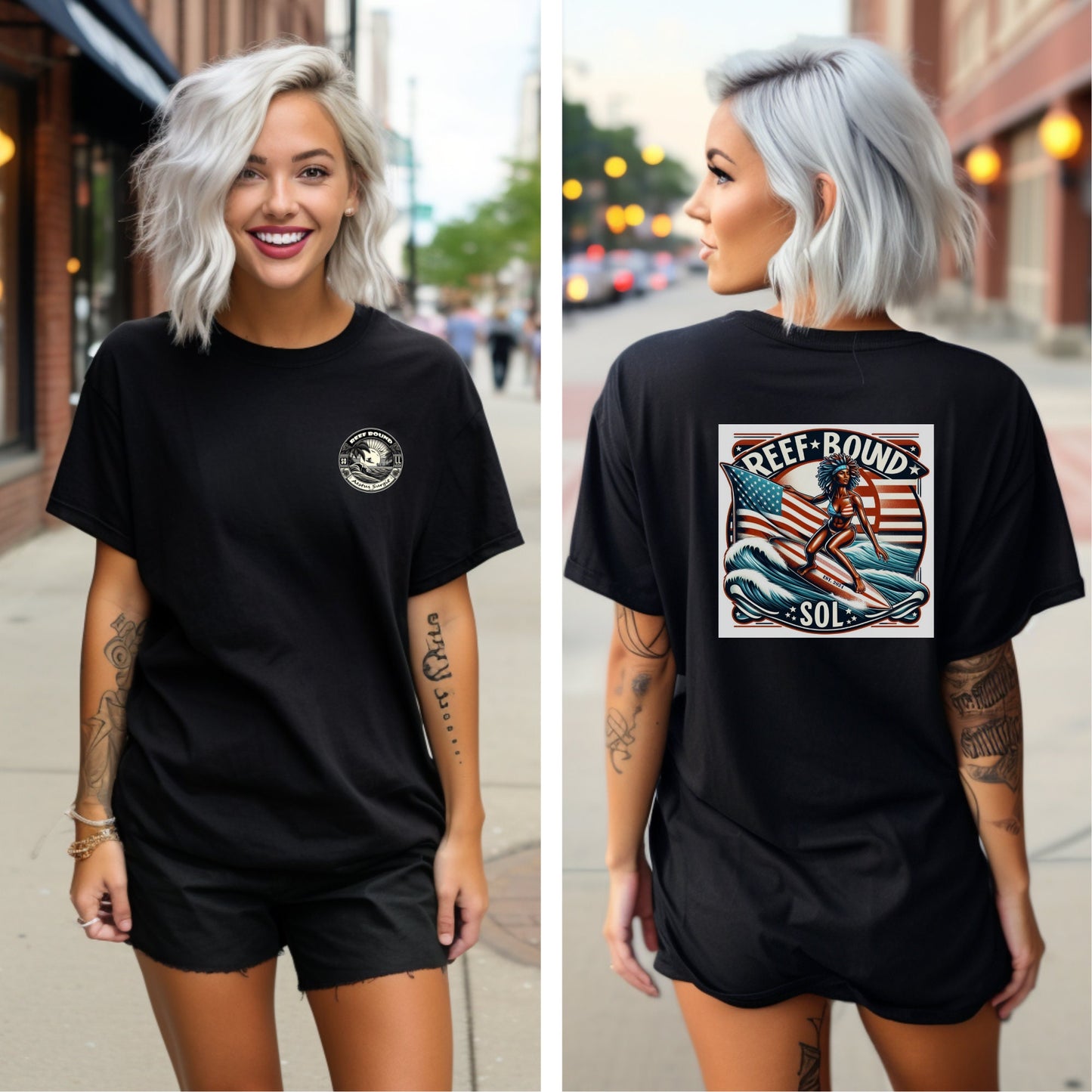 Reef Bound Sol (RBS) Patriotic 225th Lady Liberty Surfer Flag T-Shirt