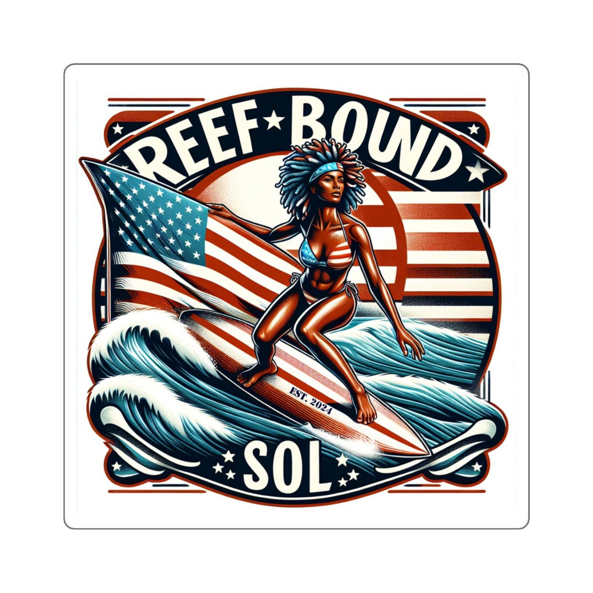 Reef Bound Sol (RBS) Patriotic 225th Lady Liberty Surfer Flag Decal