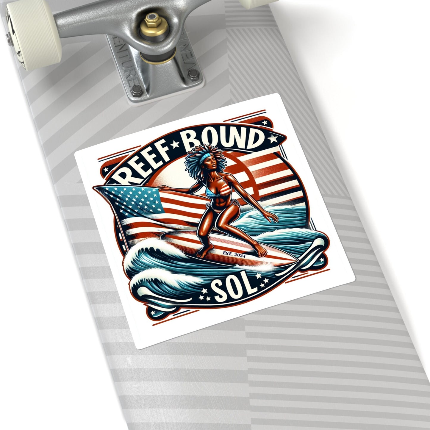 Reef Bound Sol (RBS) Patriotic 225th Lady Liberty Surfer Flag Decal