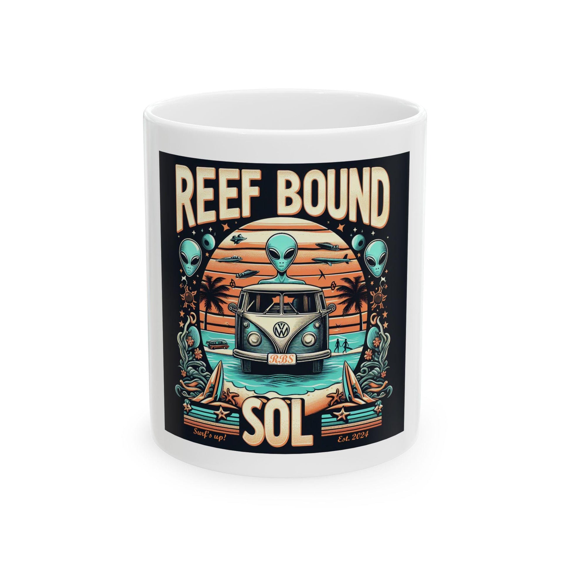 Reef Bound Sol (RBS) Retro Alien VW Bug Beach Ceramic Mug, (11oz, 15oz)