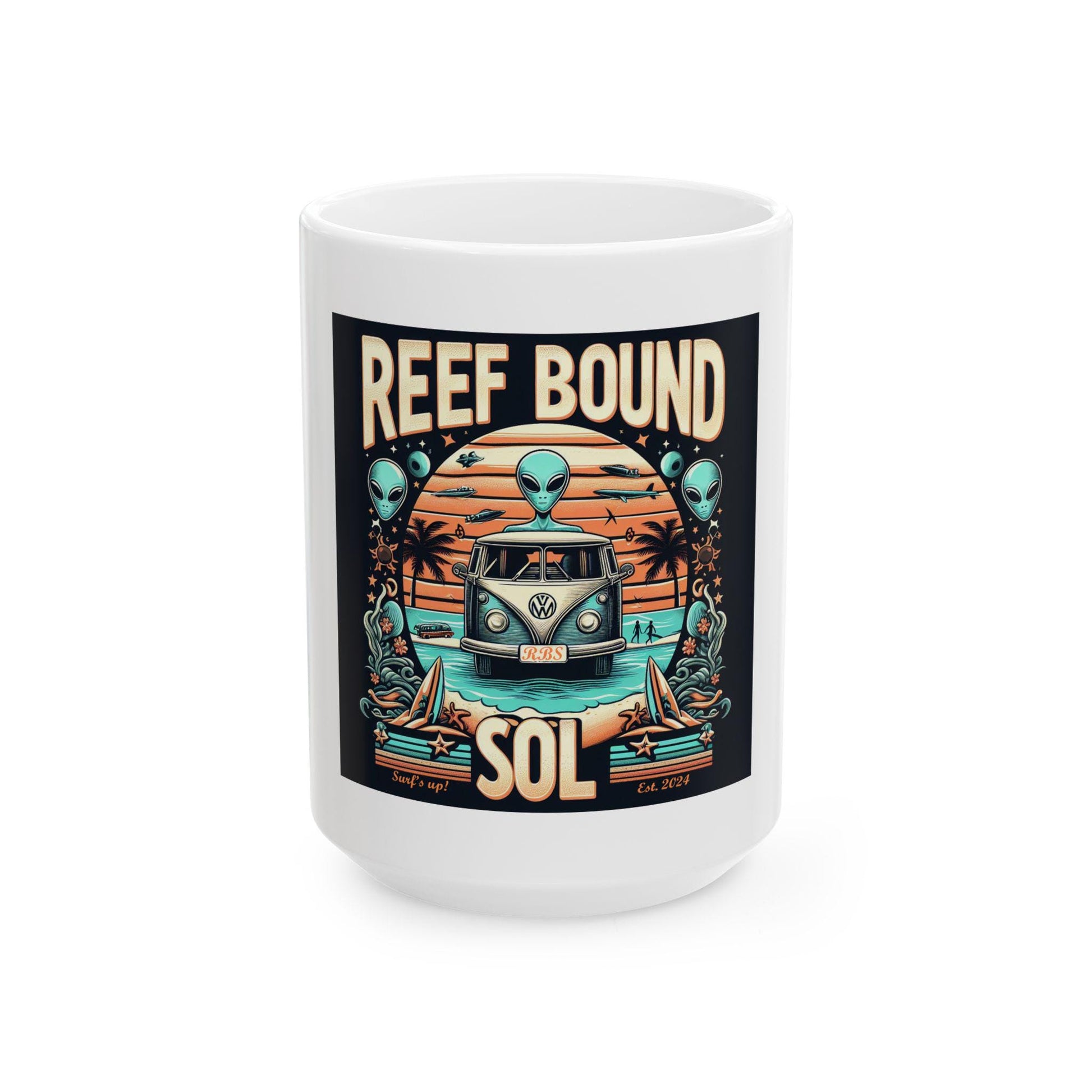 Reef Bound Sol (RBS) Retro Alien VW Bug Beach Ceramic Mug, (11oz, 15oz)