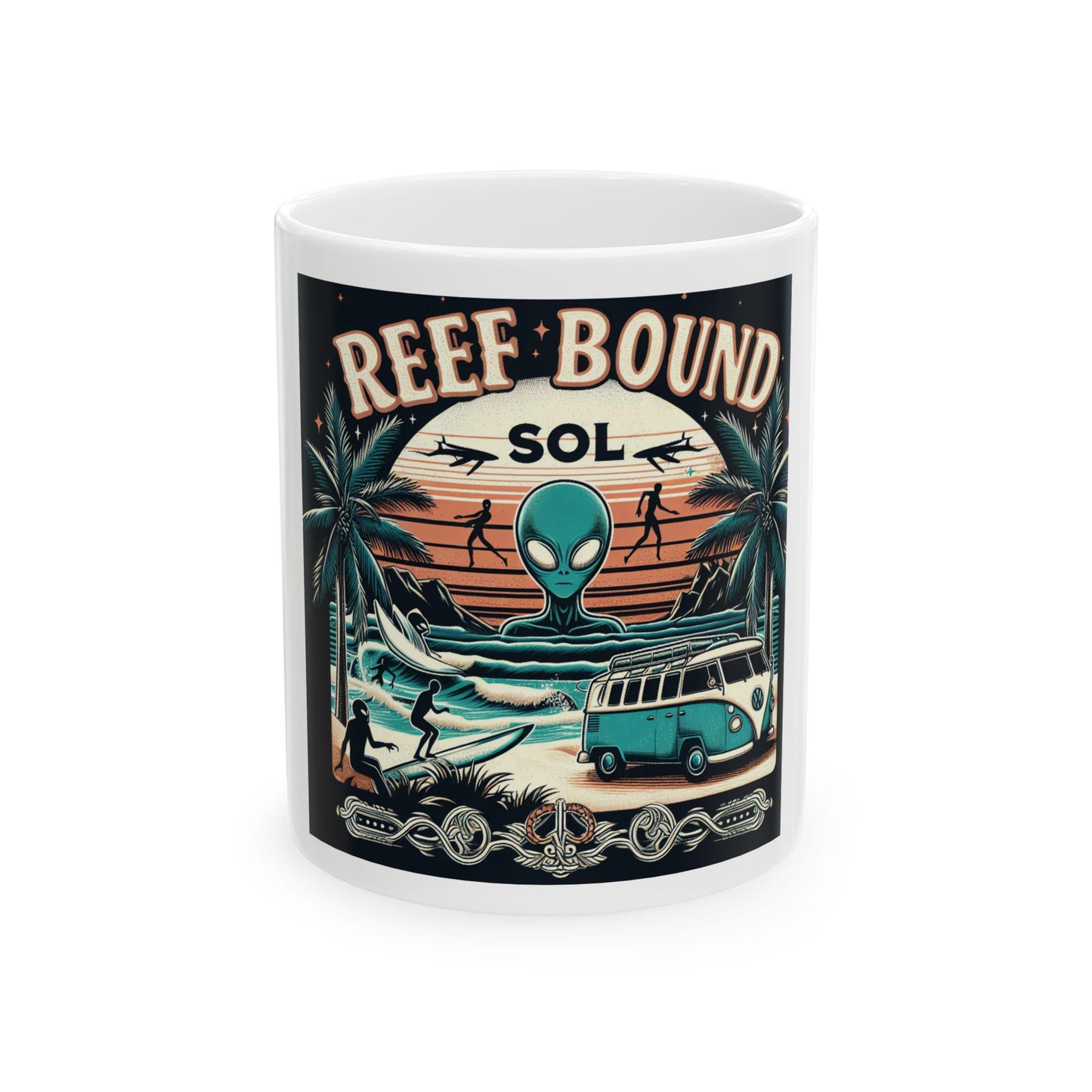 Reef Bound Sol (RBS) VW Alien Surfer Ceramic Mug, (11oz, 15oz)